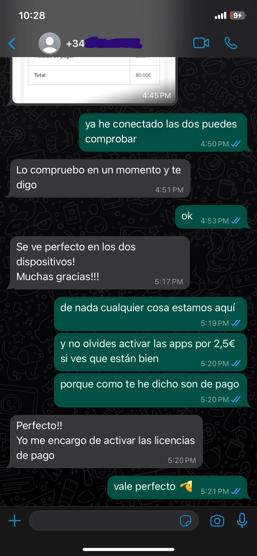 Reseña de cliente en WhatsApp